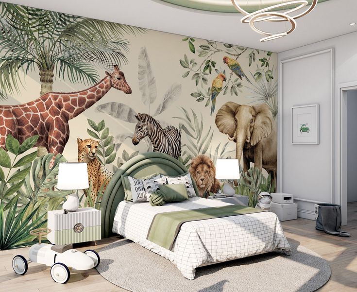 a bedroom with a wall mural featuring animals and plants