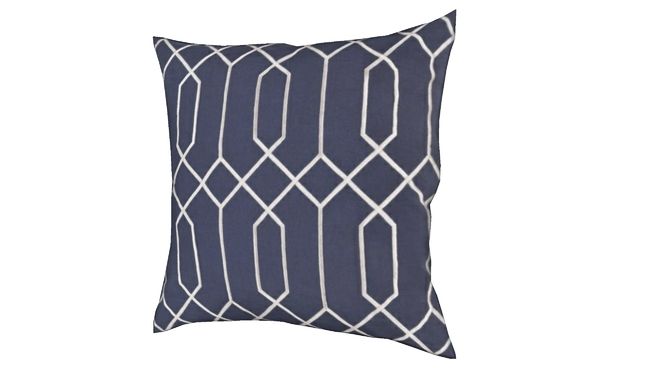 a dark blue pillow with white lines on the front and back, sitting on a white background