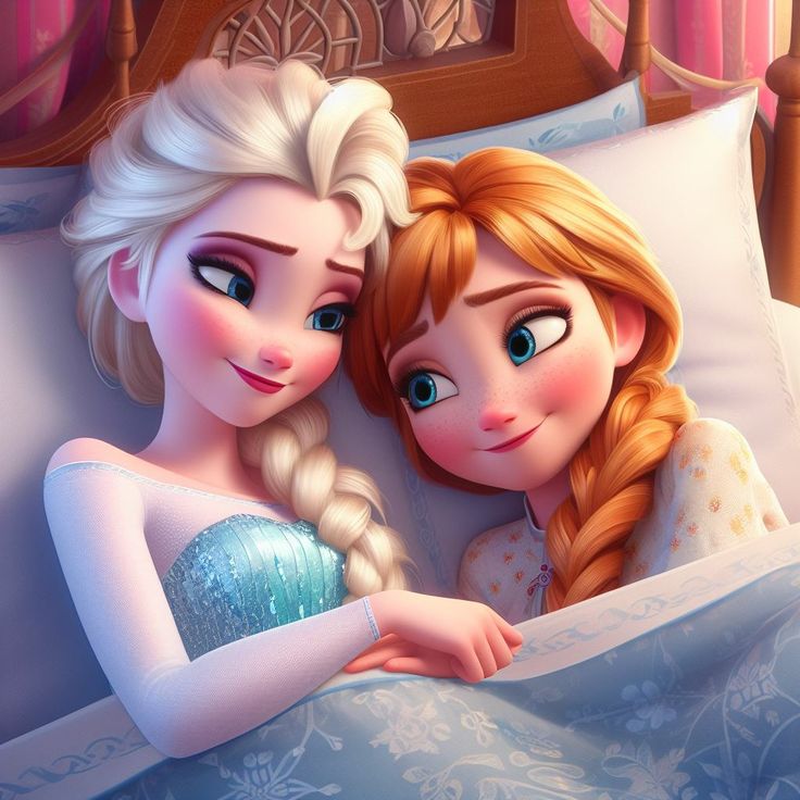 two frozen princesses laying in bed with their heads touching each other's foreheads