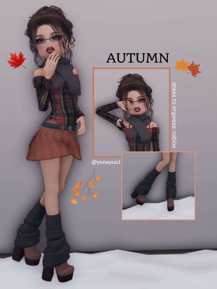 an animated image of a woman wearing boots and a dress with autumn leaves on it