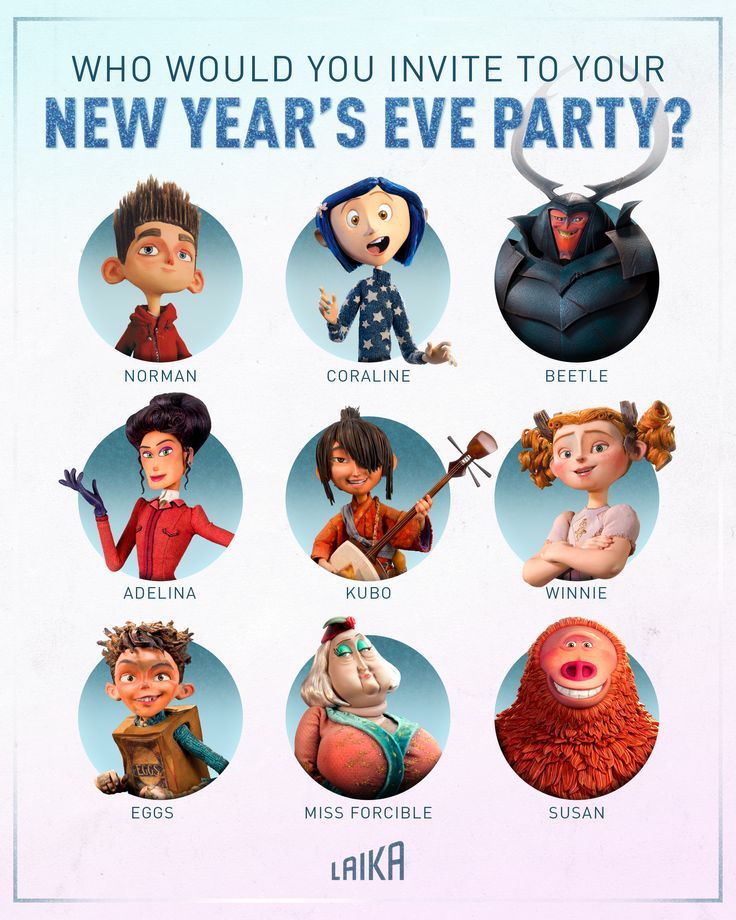 an advertisement for the new year's eve party with cartoon characters in different poses