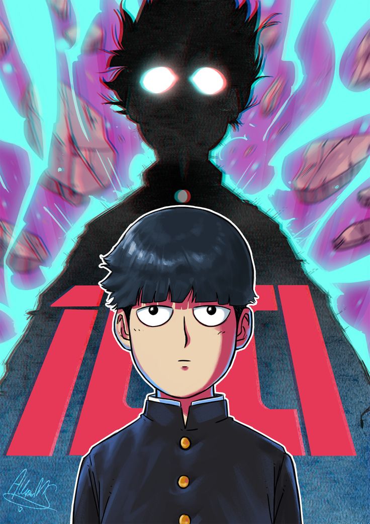 an anime character standing in front of a poster