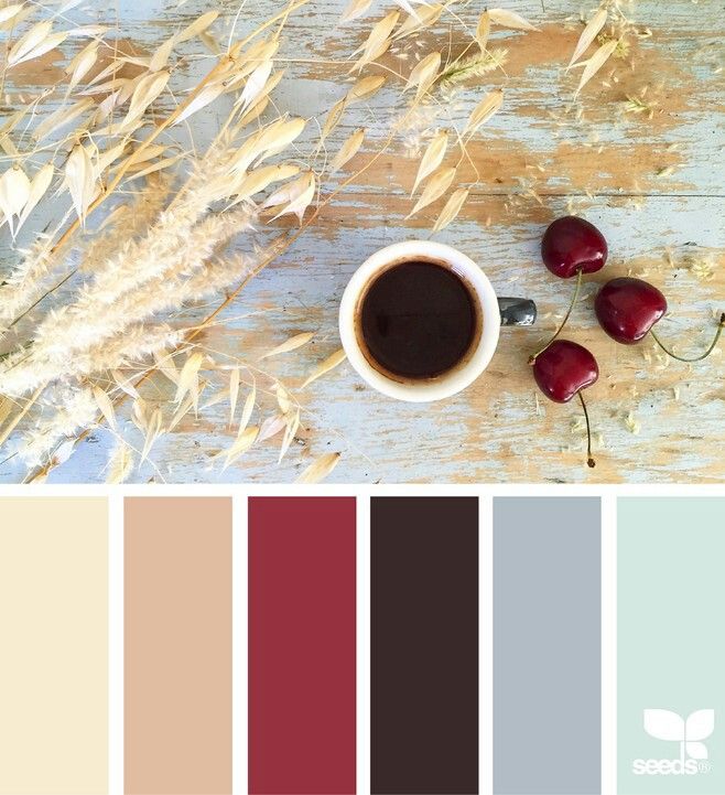 an autumn color scheme with coffee, cherries and dried grass in shades of brown