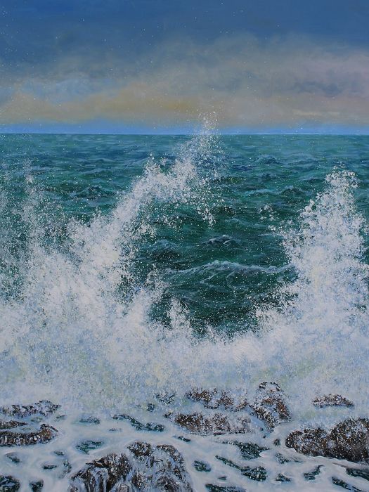 an oil painting of waves crashing on rocks