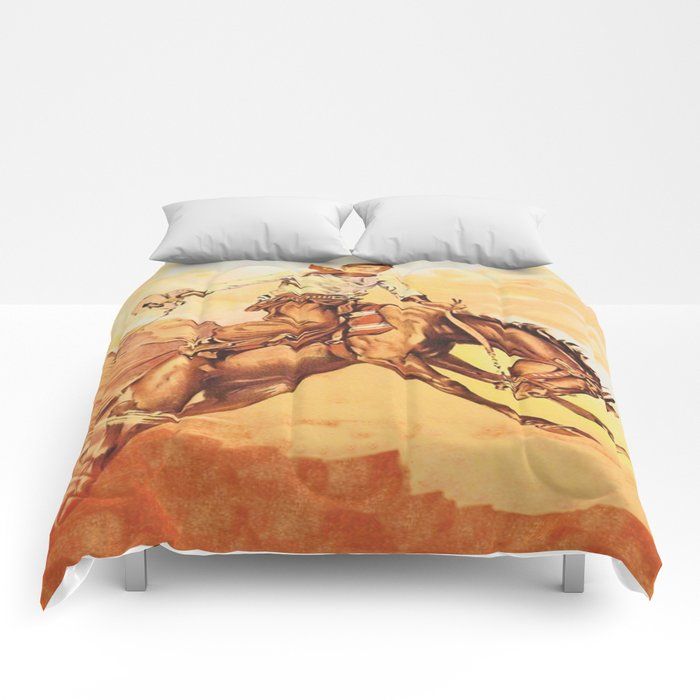 a bed with an orange comforter and two pillows on it that have horses painted on them