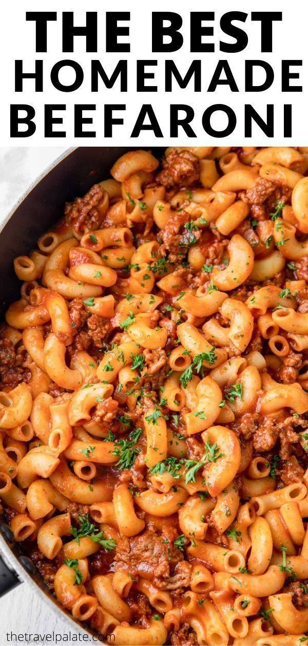 the best homemade beef and pasta recipe in a skillet with text overlay that reads,