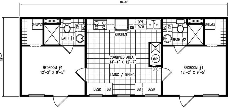 the floor plan for a mobile home with two bedroom and living quarters, including an attached bathroom