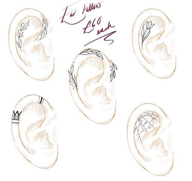 four different types of ear with writing on them and one drawing of the same person's ear