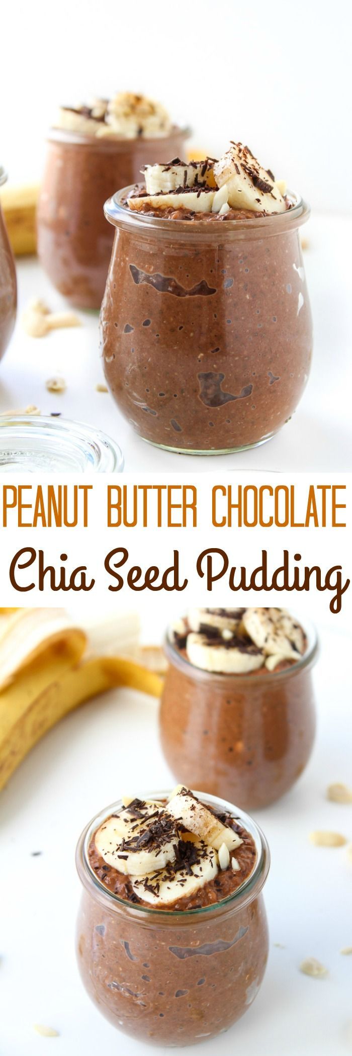 peanut butter chocolate chia seed pudding in small glass jars with banana peels on the side