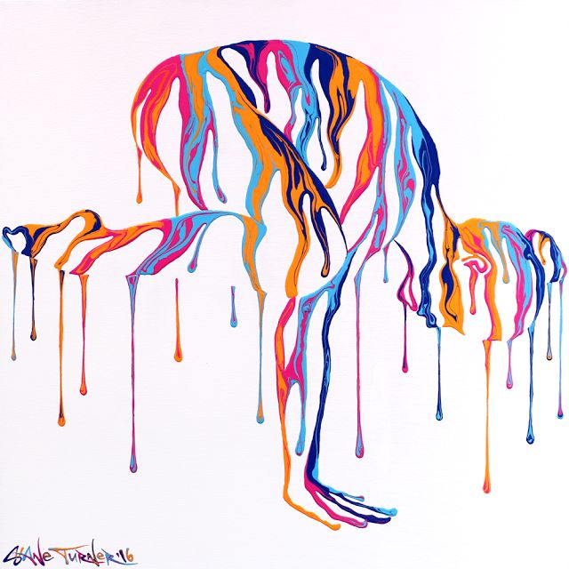 an abstract painting with multicolored dripping drips on it's white background