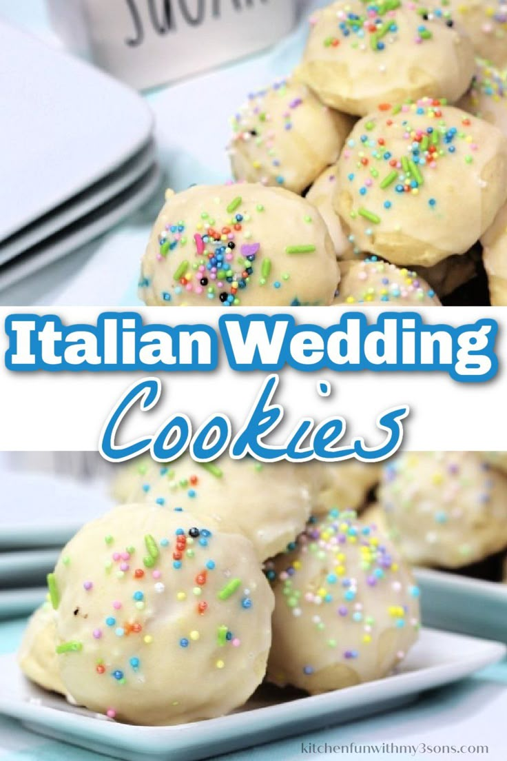 italian wedding cookies with sprinkles on the top and in the middle, sitting on a plate