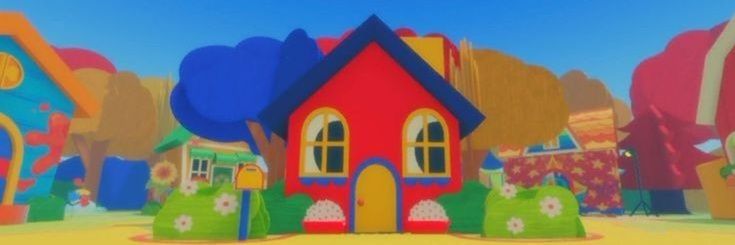 an animated image of a colorful house in the middle of a park with trees and bushes