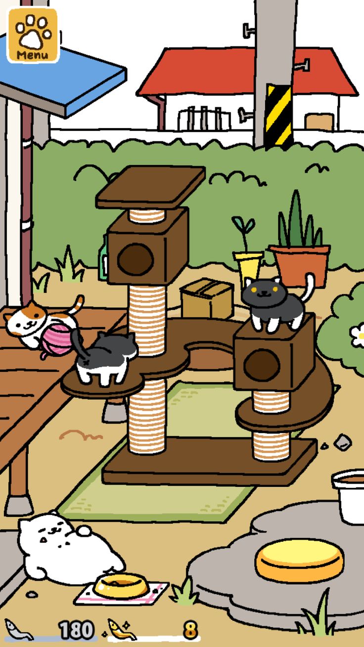 an image of cats playing in a cat house with their food and water bowls on the ground