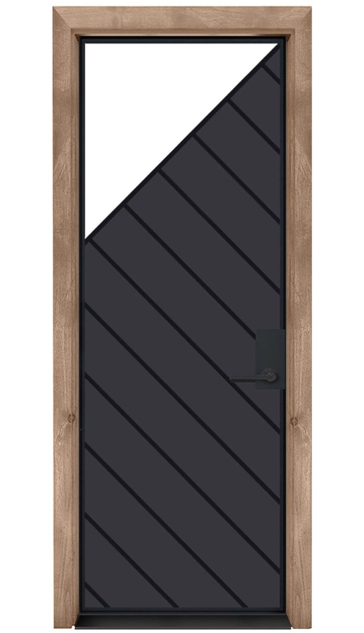 an open wooden door with a black glass and wood frame on the bottom half of it