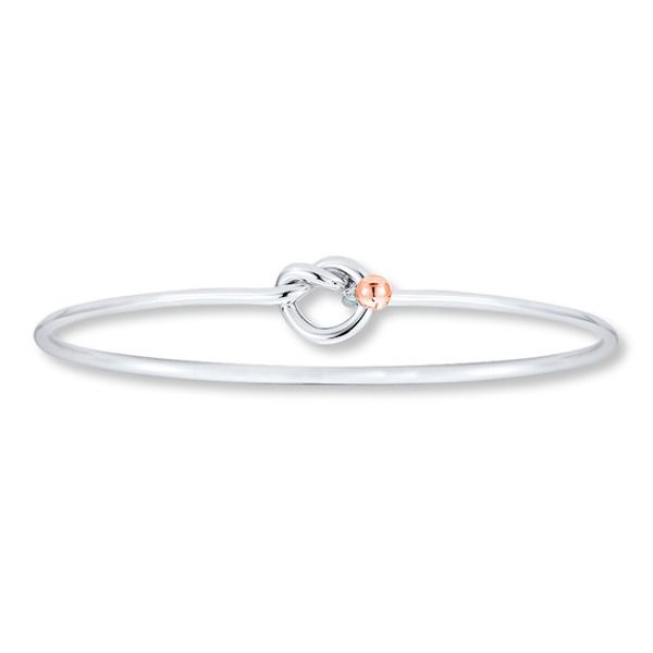 This contemporary sterling silver bangle bracelet for her features a knot and a 14K rose gold sphere. Gold Sphere, Knot Bangle, Bracelet For Her, Gold Stock, Jewelry Advice, Silver Bangle Bracelet, Sterling Silver Bangle Bracelets, Sterling Silver Bangle, Kay Jewelers