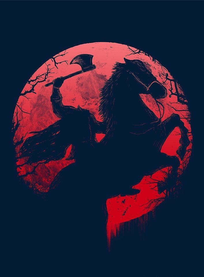 the silhouette of a man holding an ax in front of a red moon