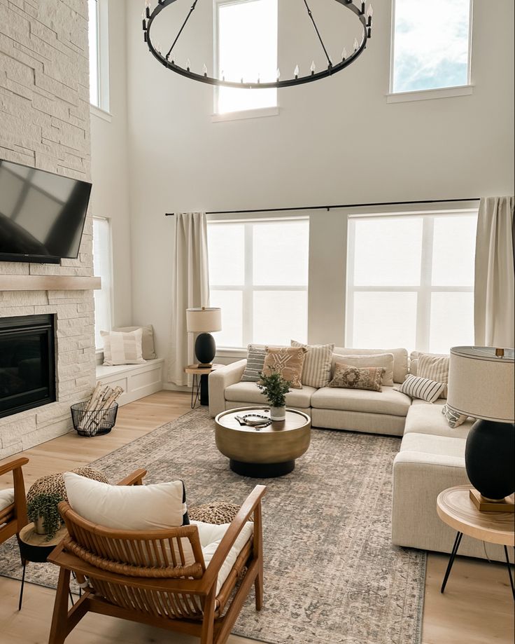 a living room filled with furniture and a flat screen tv mounted on the wall above a fire place