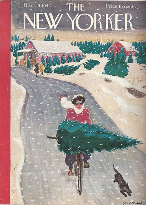 the new yorker magazine cover shows a woman on a bicycle carrying a christmas tree