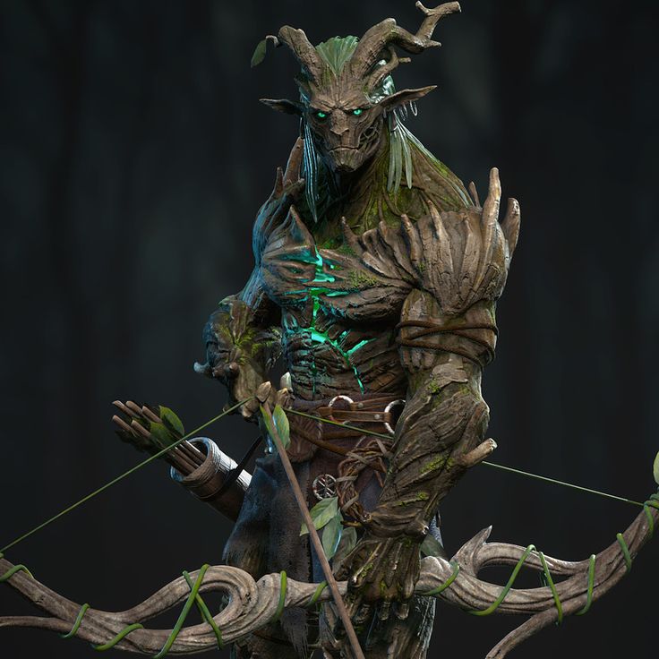 an animated character holding a bow and arrow in front of a dark background with leaves