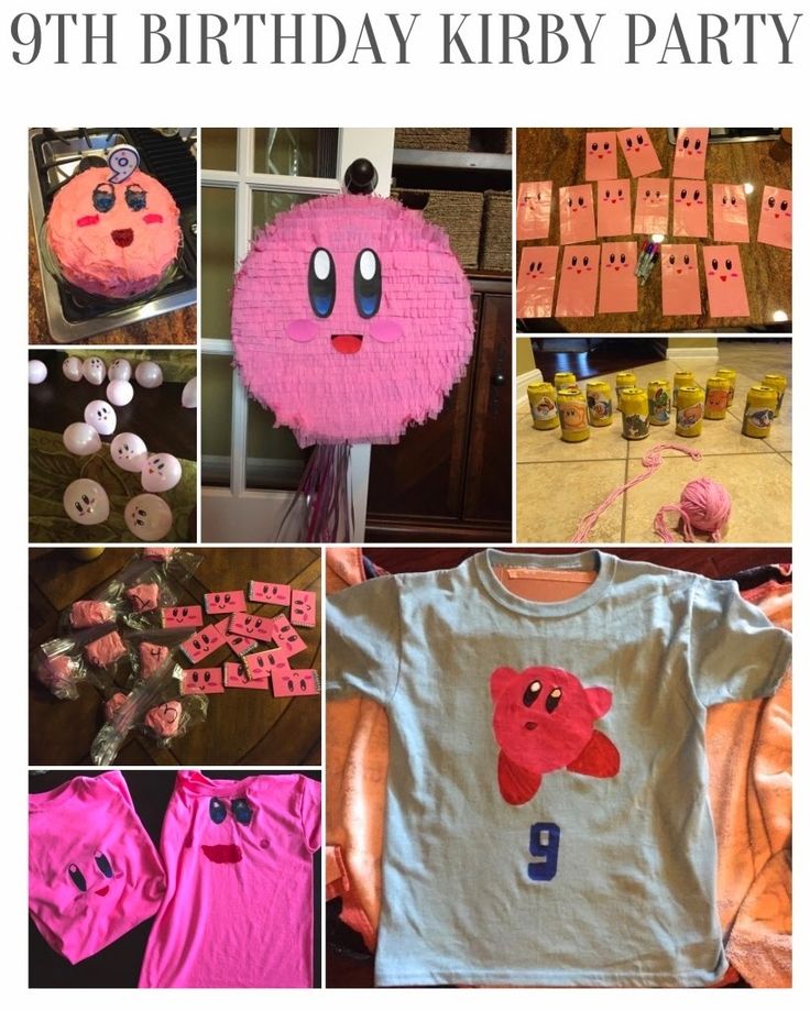 an image of a birthday party with pink and orange items on the page, including t - shirts