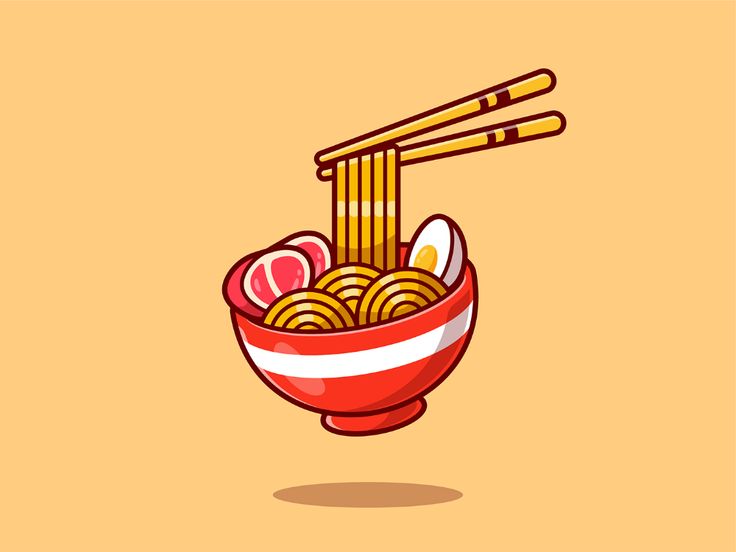 a bowl filled with noodles and chopsticks on top of a yellow background next to an orange wall