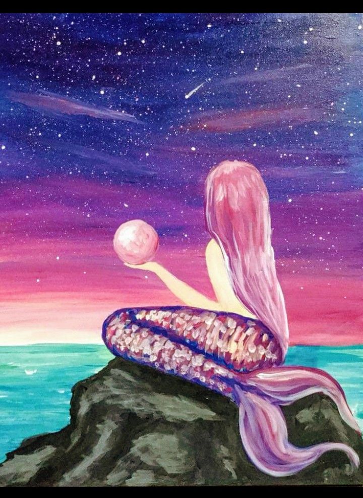 a painting of a mermaid sitting on top of a rock looking at the stars in the sky