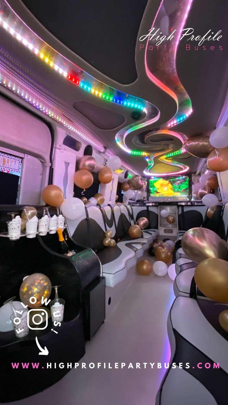 Interior view of a mercedes sprinter party bus with LED lights set on multiple colours and the bus dressed with gold and white balloon decorations Party Van, Party Bus Decorations Ideas, Limo Birthday Party Ideas, Party Bus Ideas Birthday, Party Bus Birthday Ideas, Limousine Birthday Party Ideas, Sweet 16 Party Bus Ideas, Party Bus Ideas, Limo Aesthetics Party