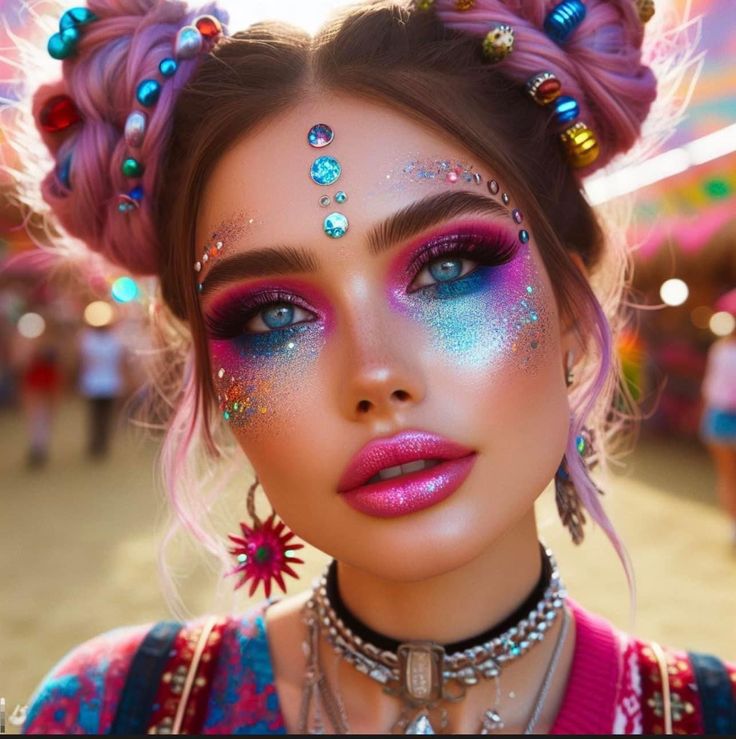 Estilo Burning Man, Cosmic Makeup, Edc Makeup, Foundations For Oily Skin, Coachella Makeup, Dewy Foundation, Rainbow Eyeshadow, Festival Makeup Glitter, Foundation For Oily Skin