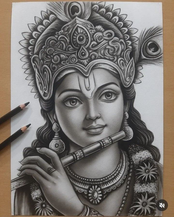 a pencil drawing of a woman holding a flute