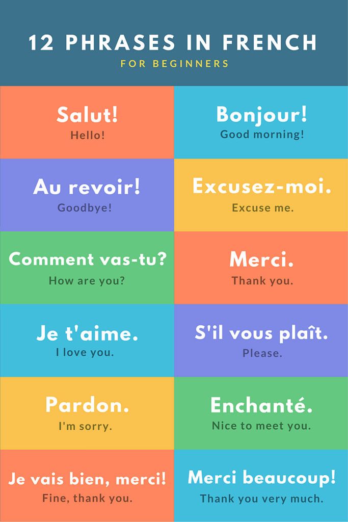 french phrases for beginners in different colors and styles, with the words below them