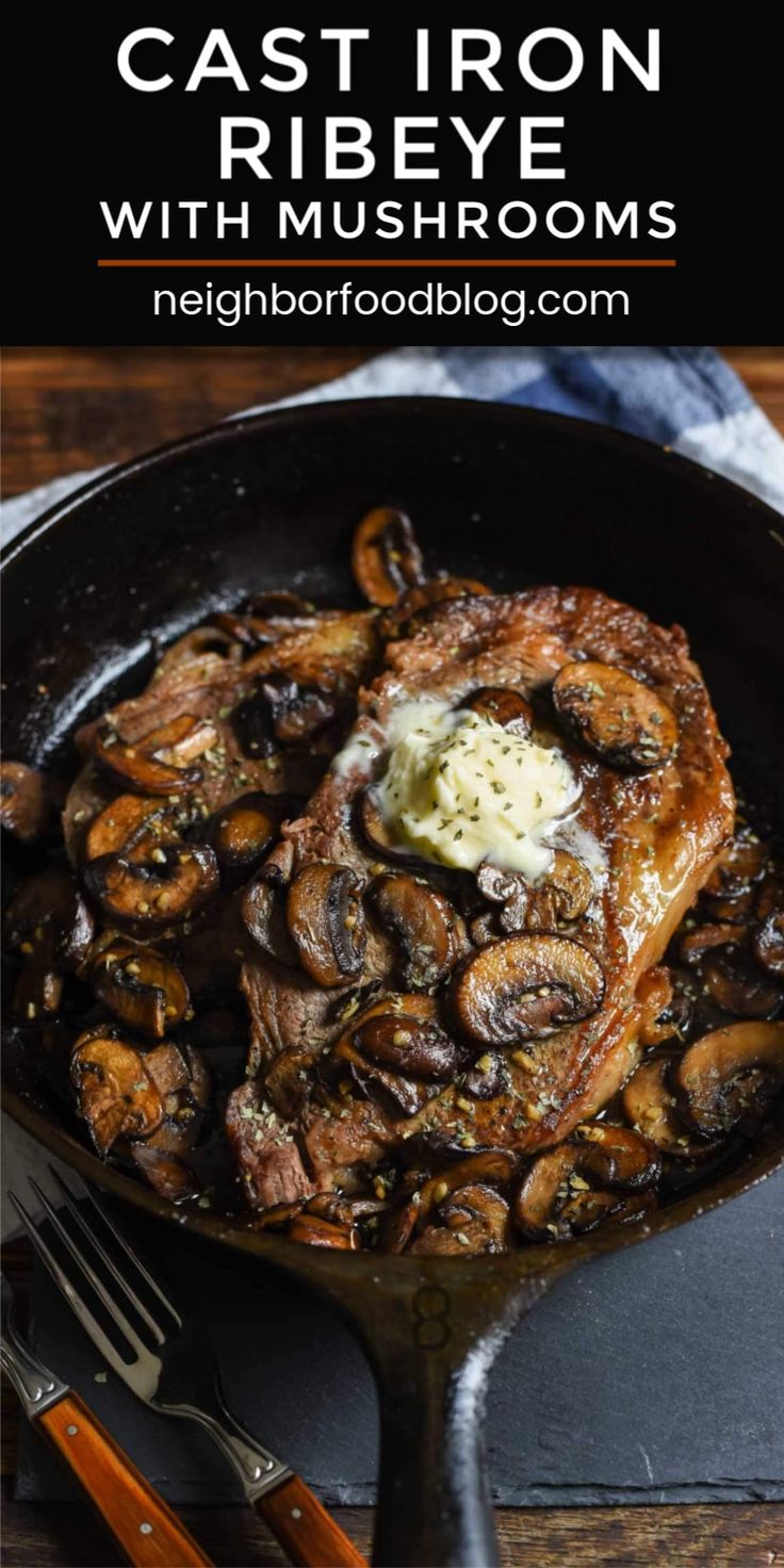 cast iron skillet with mushrooms and butter in it