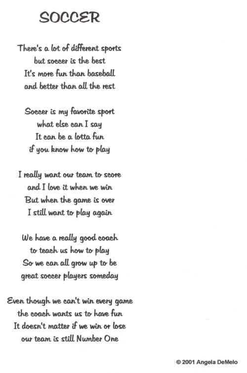 a poem written in black and white with an image of soccer players on the side