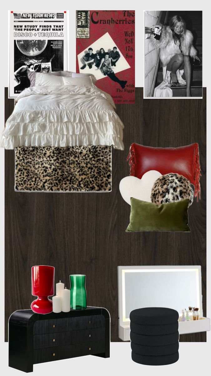 a collage of black and white photos with leopard print on the covers, pillows, and bedding