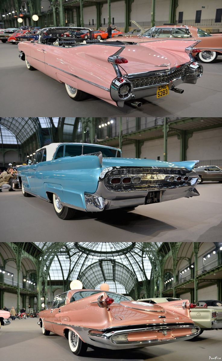 three pictures of classic cars in different stages of being painted pink, blue and white