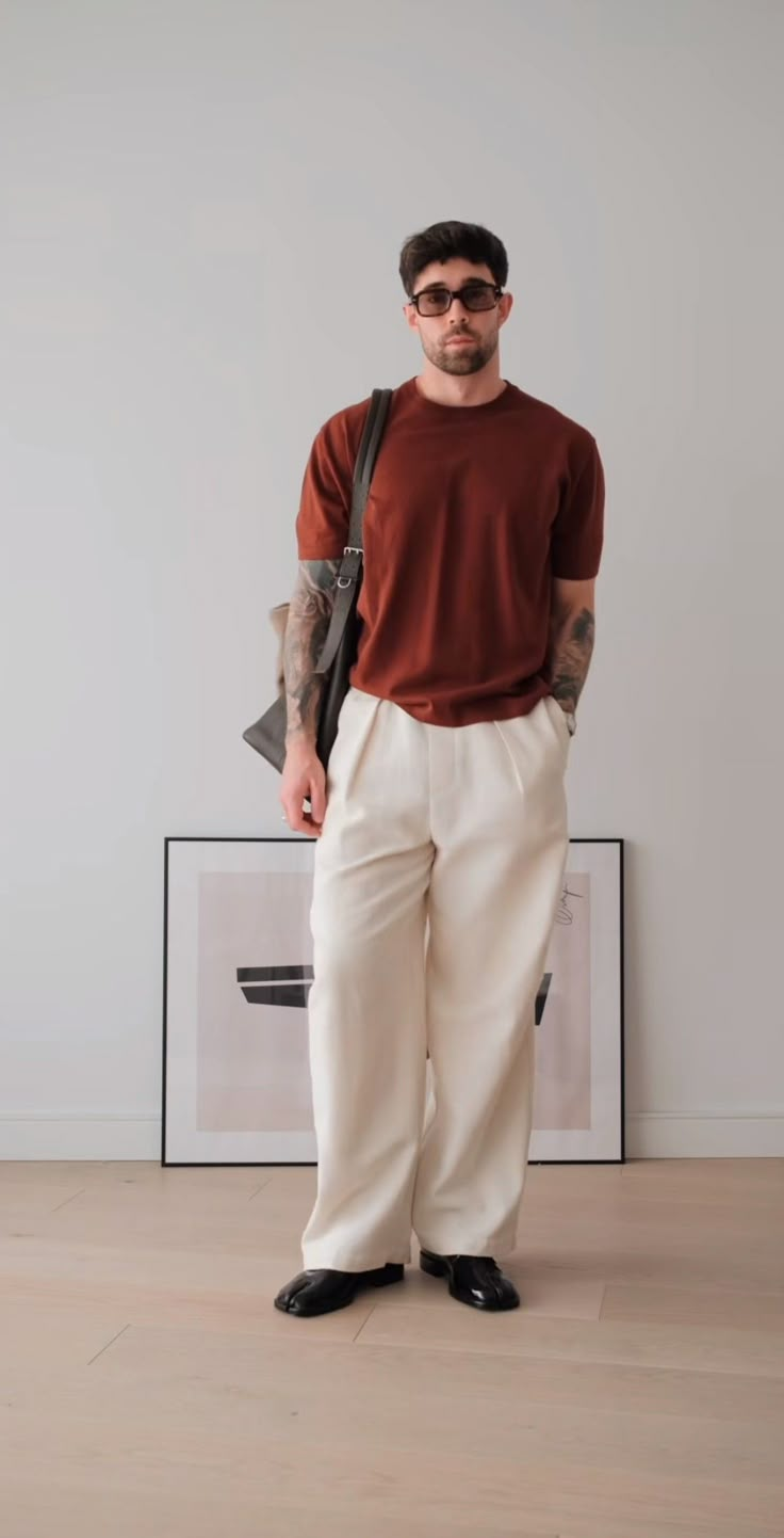 Mens Beige Pants Outfits, Brown And White Outfit Men, Date Outfit Ideas Casual Men, Cream Pants Outfit Men, Daniel Simmons Outfit, Brown Shirt Outfit Men, Beige Pants Outfit Men, Work Outfit Men, Brown Pants Outfit Men