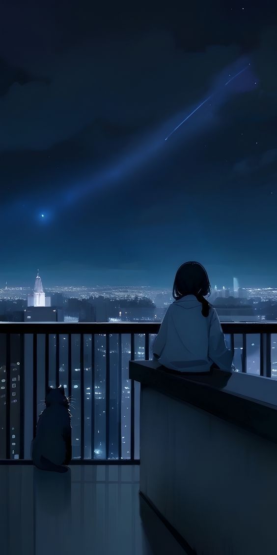 two people sitting on a balcony looking at the city lights in the distance with an airplane flying overhead