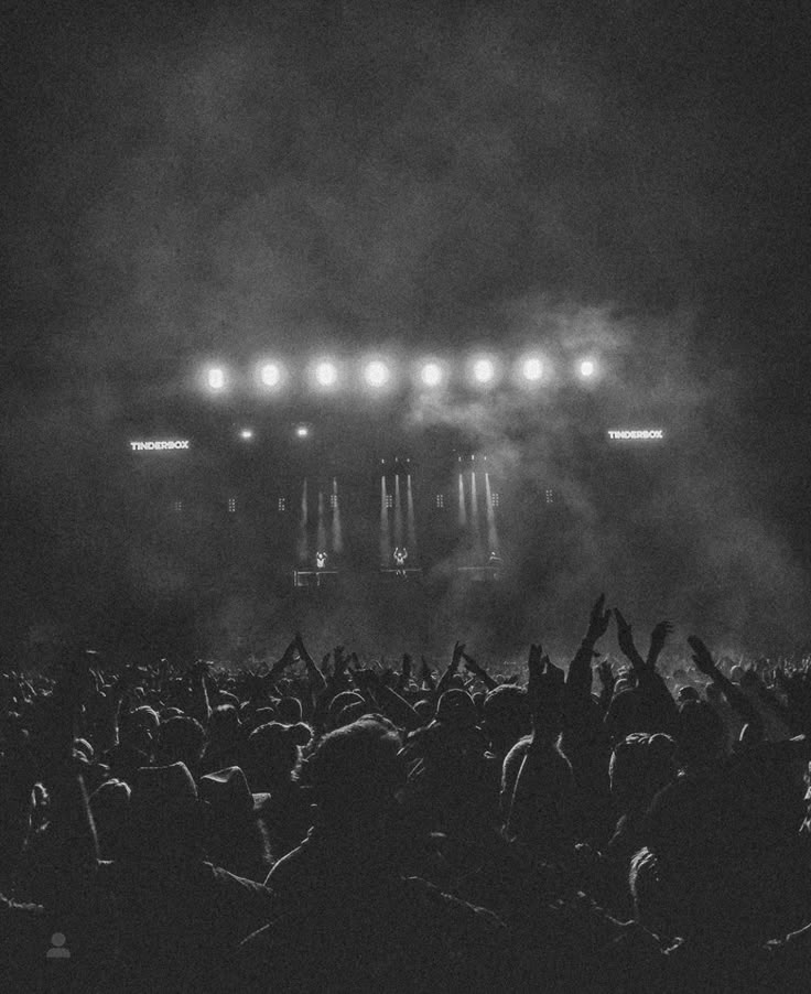 a crowd at a concert with their hands up in the air and lights above them