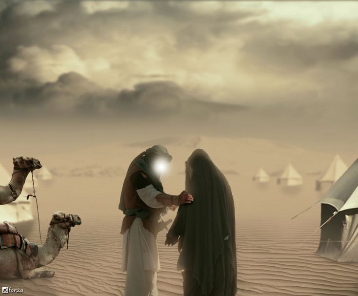 two people standing in the desert with camels and tents