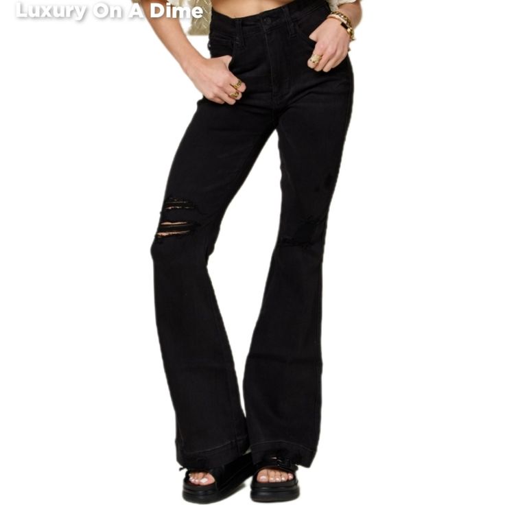 Distressed Tummy Control High Waist Skinny Denim Flare Bell Bottom Jean Pants * Plus Size Only These Jean Pants Have Everything You Need And More For A Unique Retro Touch With A Contemporary Upgrade. Features Tummy Control Technology Providing A Figure Flattering Slimming Effect. The High-Waist Offers Functionality And Elongates The Silhouette Preventing Muffin Top. Distressed Torn Knees, Pocket And Other Small Areas Give A Lived-In Bohemian Edgy Aspect. Skinny Slim Fit Gives A Sleek Classic Loo Mid-rise Ripped Dark Wash Flare Jeans, Dark Wash Ripped Mid-rise Flare Jeans, Dark Wash Mid-rise Ripped Flare Jeans, High Rise Ripped Black Pants, Black Ripped Wide Leg Jeans, Black High Rise Ripped Pants, Black Ripped Mid-rise Jeans, Dark Wash Mid-rise Jeans For Night Out, High Rise Grunge Flare Jeans For Fall