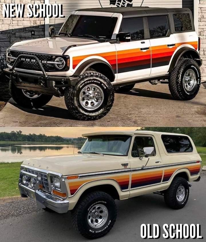 two different pictures of the same vehicle in front of a brick building and one with an orange stripe on it