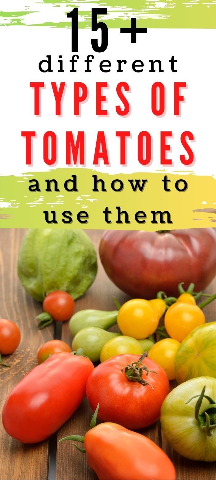 different types of tomatoes and peppers on a wooden table with text overlay that reads, 15 different types of tomatoes and how to use them