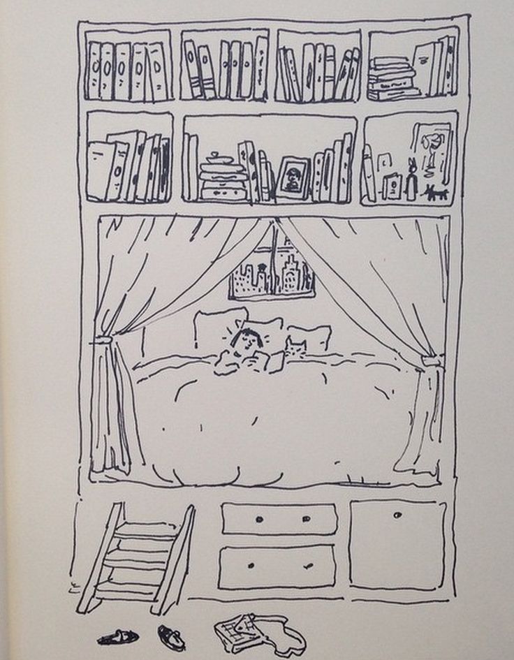 a drawing of a bedroom with bookshelves and a cat sleeping on the bed