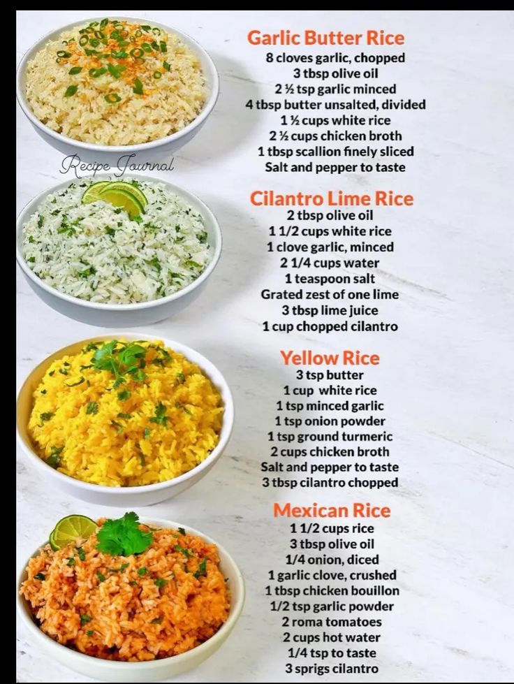 an image of different types of rice in bowls on a white table with text overlay