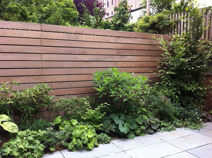 a garden with lots of different plants growing on the side of a fenced in area