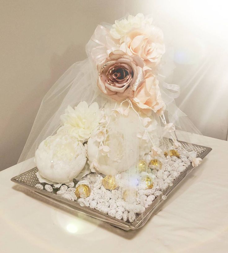 a table topped with a tray covered in flowers