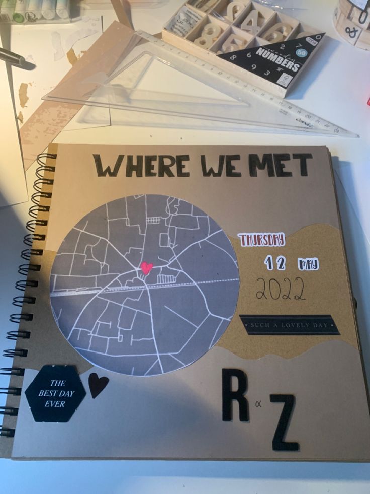 there is a spiral notebook that has some stickers on it and the words where we met