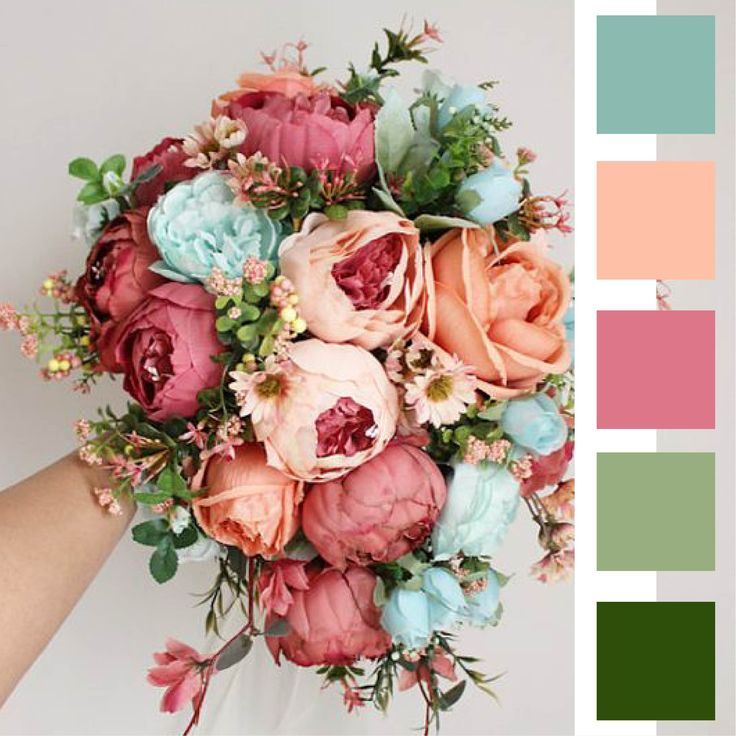 A bouquet of flowers that are shades of peach, coral, ocean blue, and greenery. On the left side of the image is a color palette highlighting the colors of the image. Color Palette For March Wedding, Bright Spring Wedding Colors Colour Palettes, Color Themed Wedding Guests, Spring Theme Color Palette, Summer Colours Wedding, Wedding Pallete Colors Summer, May Outdoor Wedding Colors, Happy Wedding Colors, Floral Color Combinations