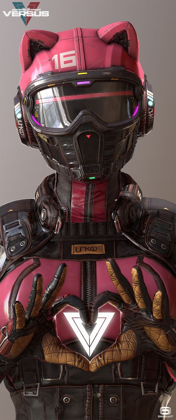 an image of a sci - fi character in pink and black armor with his hands on his chest