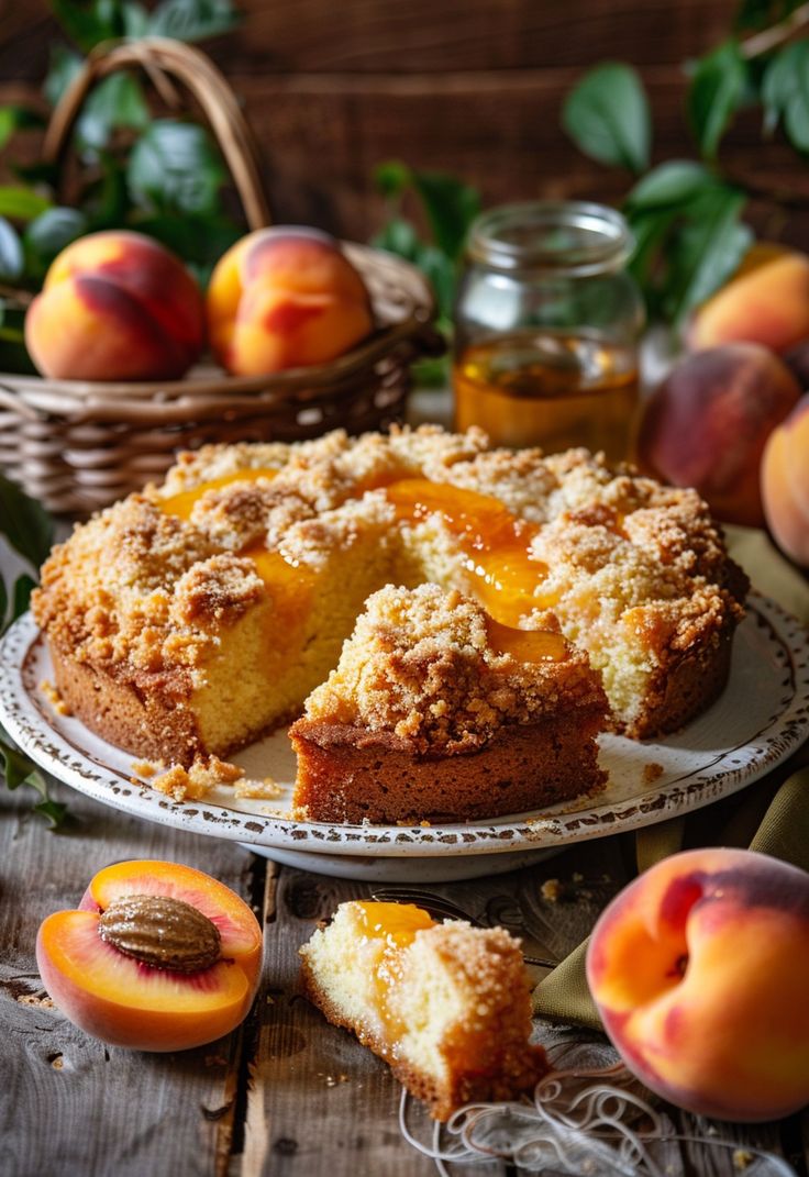 there is a cake with peaches on the table