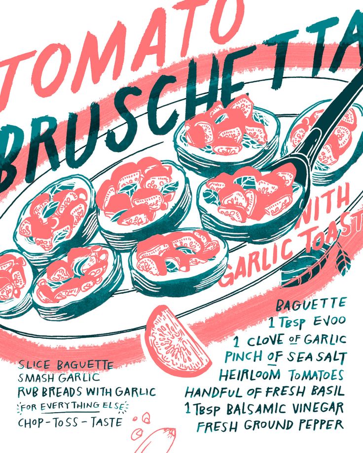 a drawing of some food on a plate with the words tomato bruschetta above it